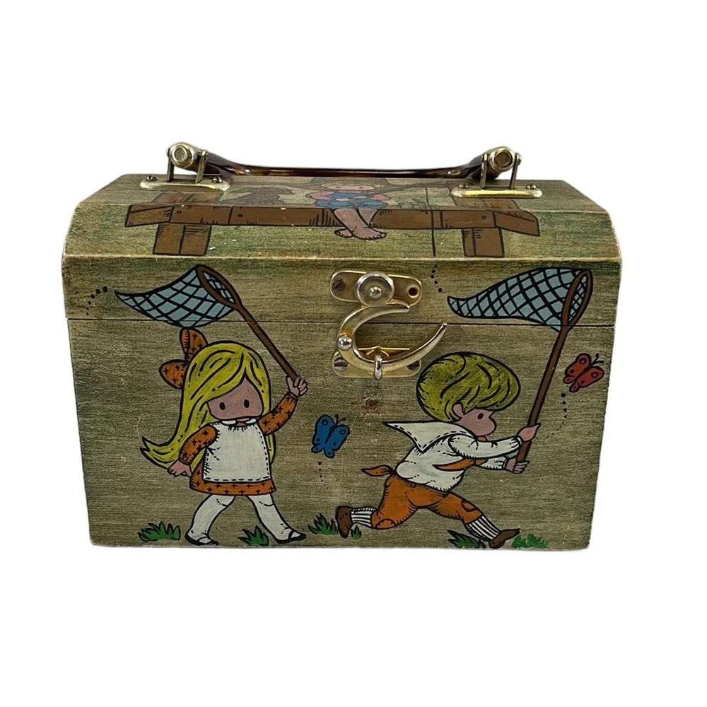 Vintage Wooden Box Purse Bag Summer Playing Butterfly Print Jewelry Box Storage‎
